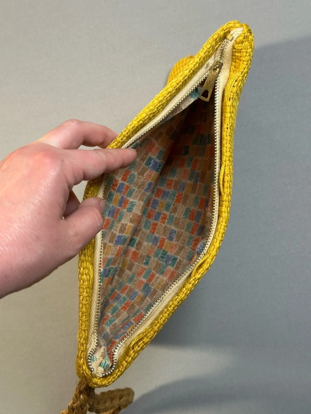 Woven Zipper Wristlet Clutch w/ Rope Handle - Mustard Yellow, Lined